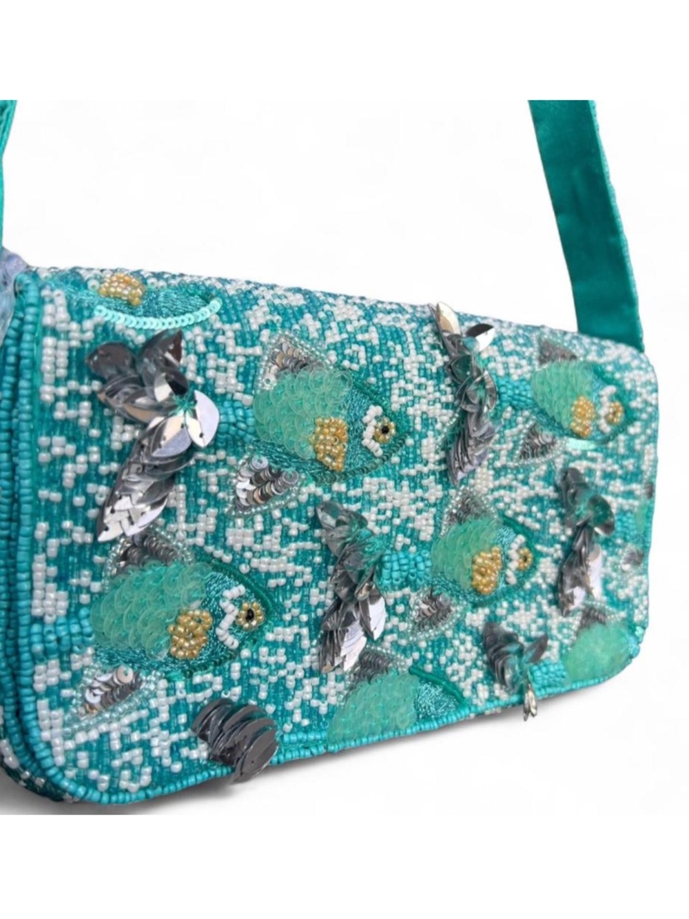 TJMAXX MARSHALLS VIRAL Aqua Blue Fish Sequin Beaded Bag Shoulder Purse Collect